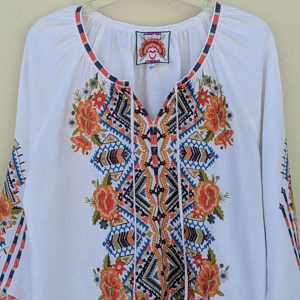 Johnny Was White Blouse with Orange Floral Embroidery - Picture 4 of 13